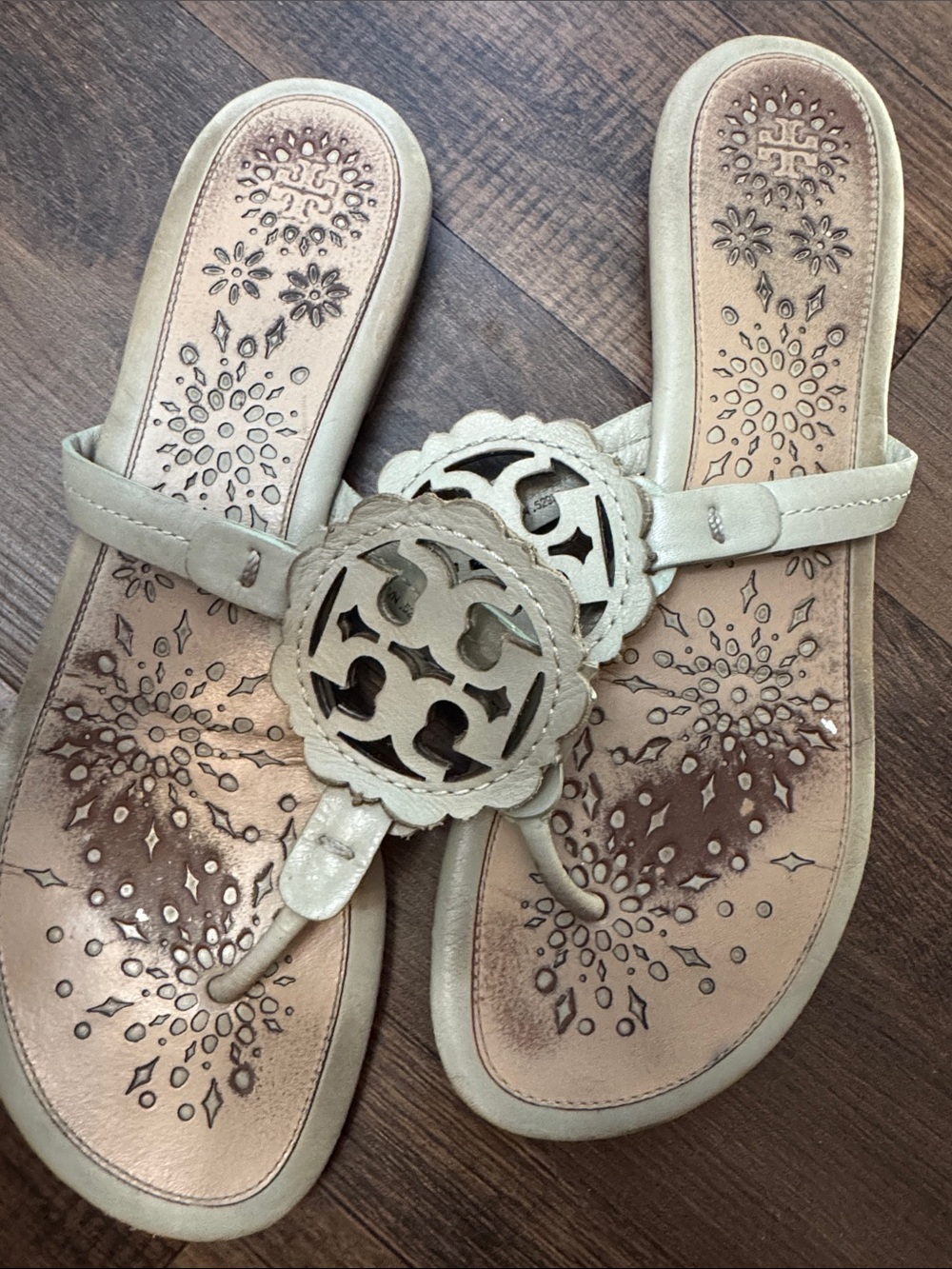 Tory Burch Miller Scalloped Medallion Sandals in a neutral beige or almond - Picture 13 of 16